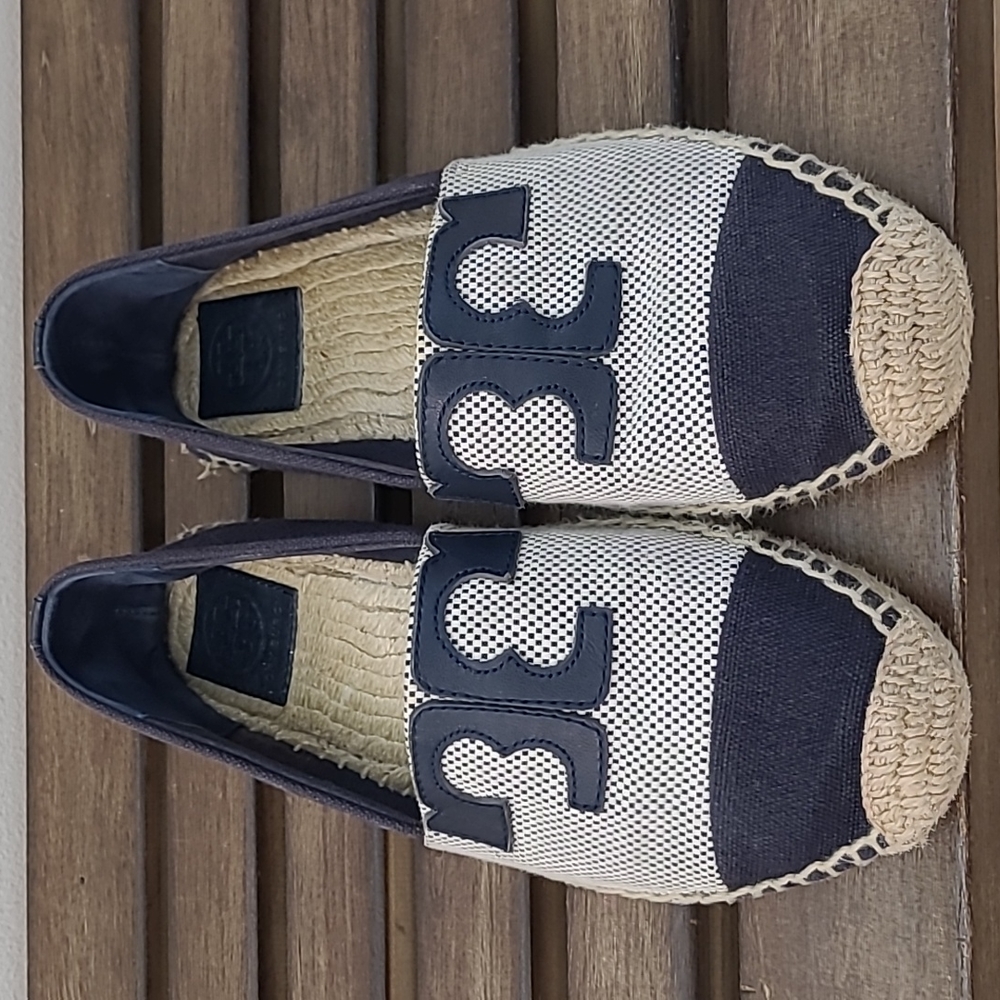 Tory burch navy and white canva espadrillers